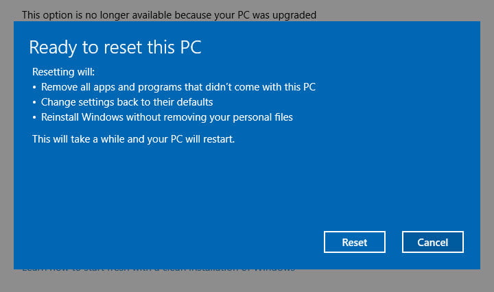 windows 10 reset this pc keep my files