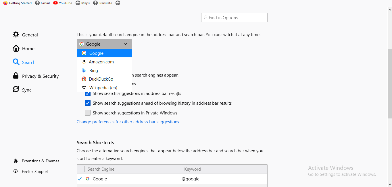 windows 10 make google default search engine in firefox