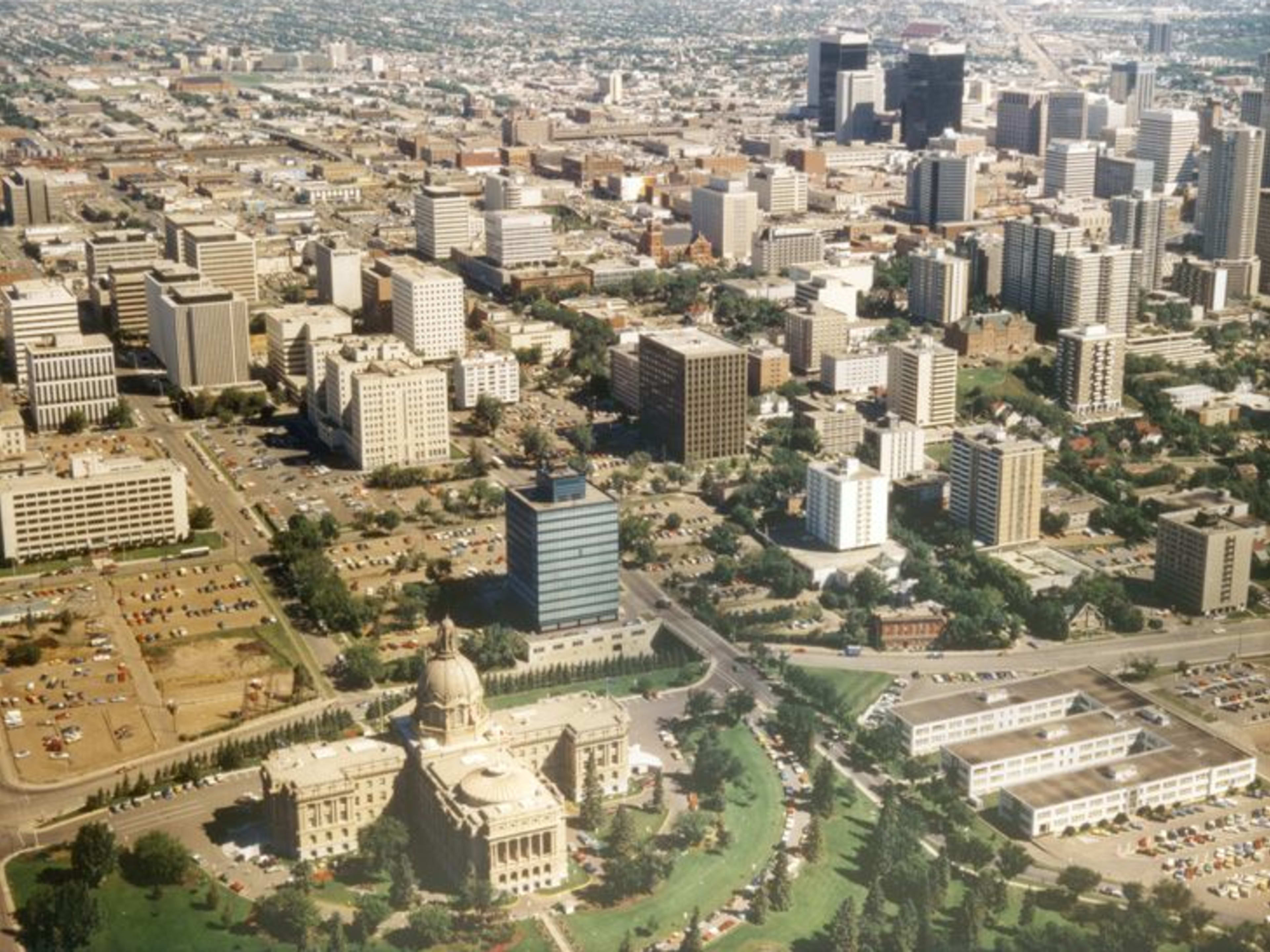 Aerial view of downtown Edmonton looking north, circa 1930.