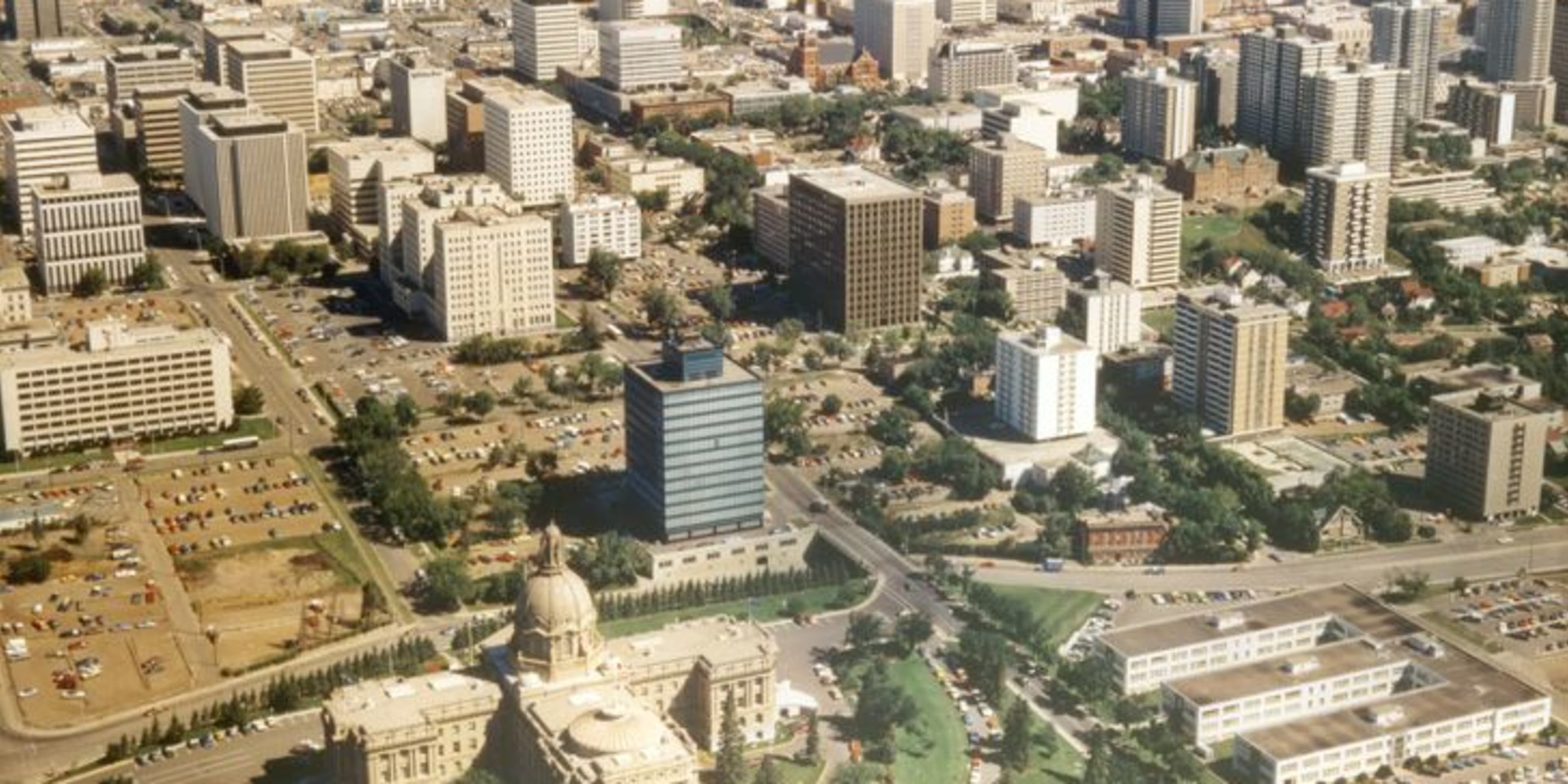 Aerial view of downtown Edmonton looking north, circa 1930.