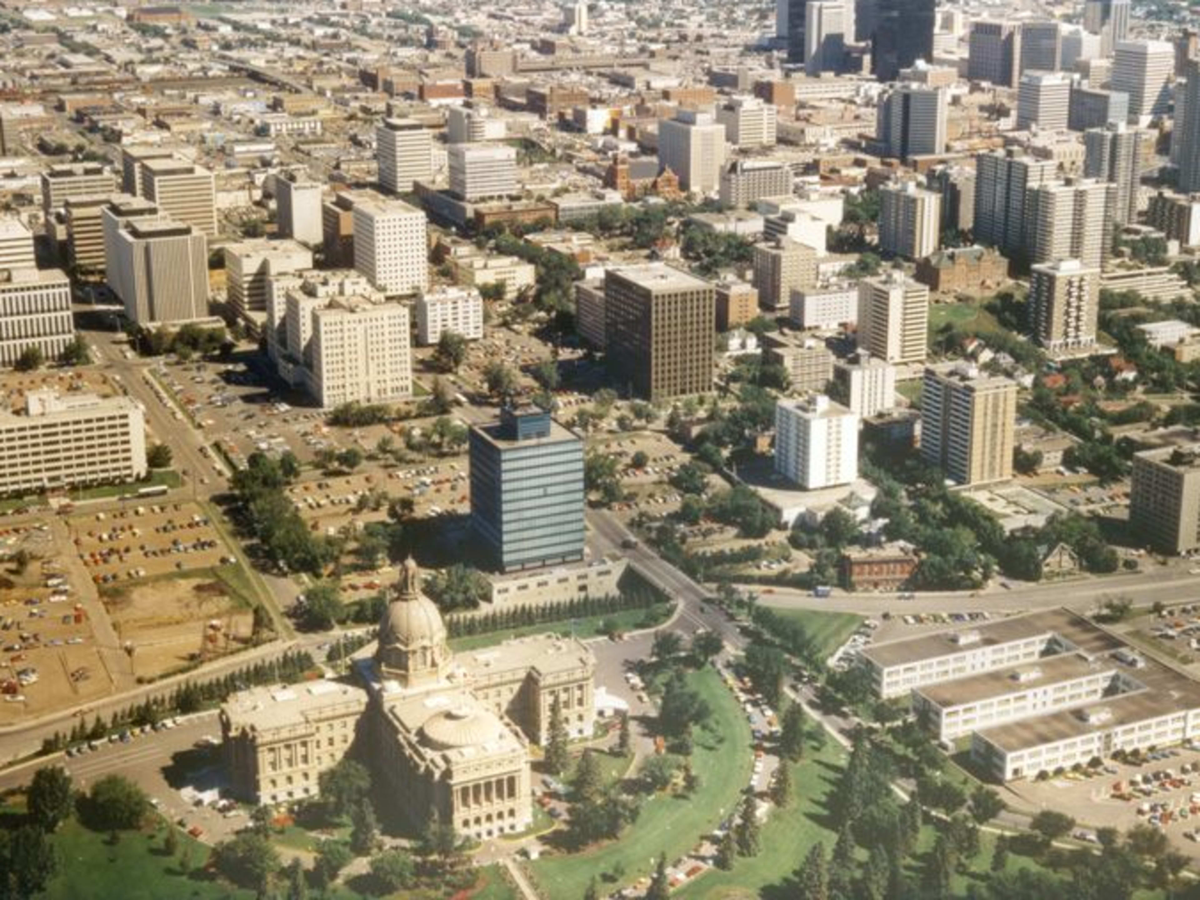 Aerial view of downtown Edmonton looking north, circa 1930.