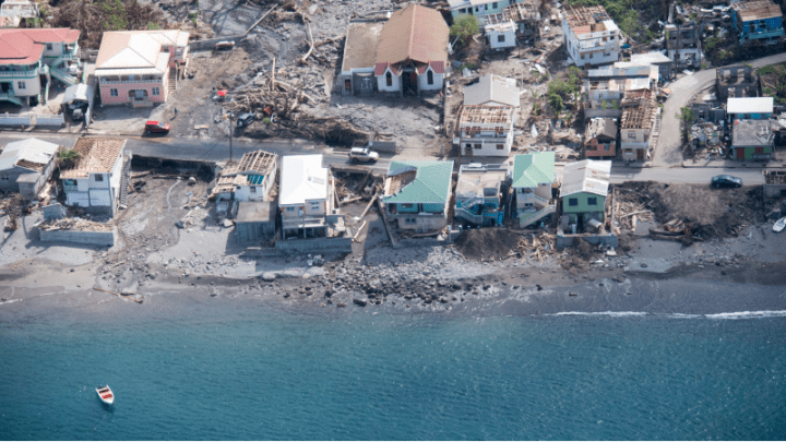 An aerial view of Salybia, Dominica, after Hurricane Maria struck the island in 2017