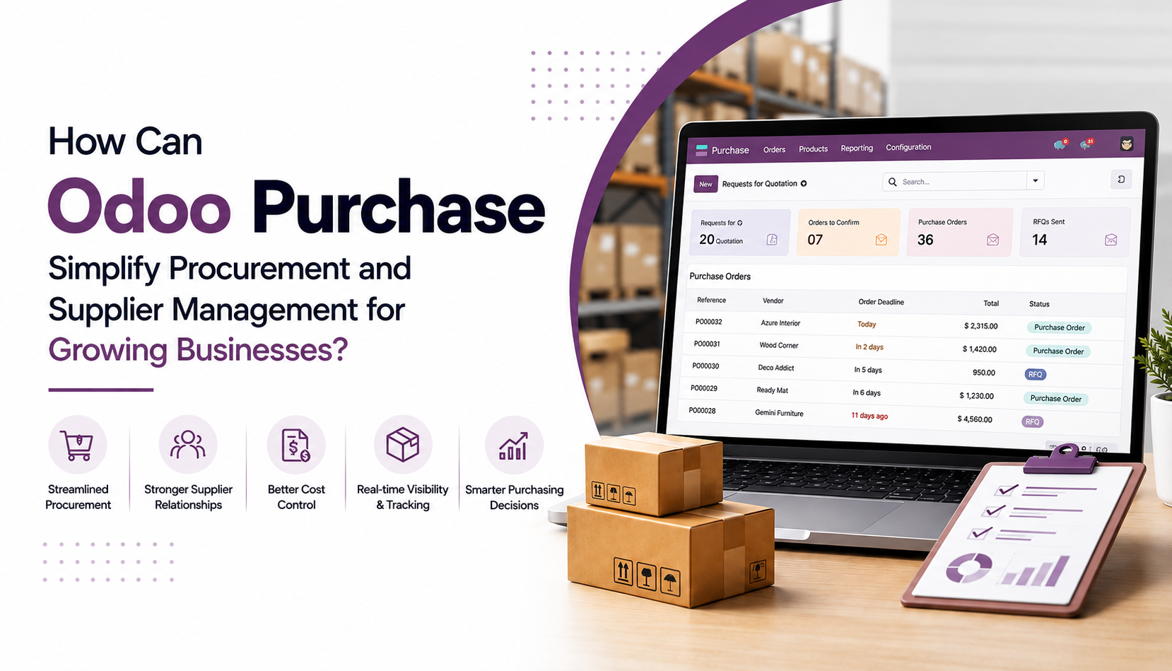 Odoo Purchases: تبسيط عمليات الشراء وإدارة علاقات الموردين