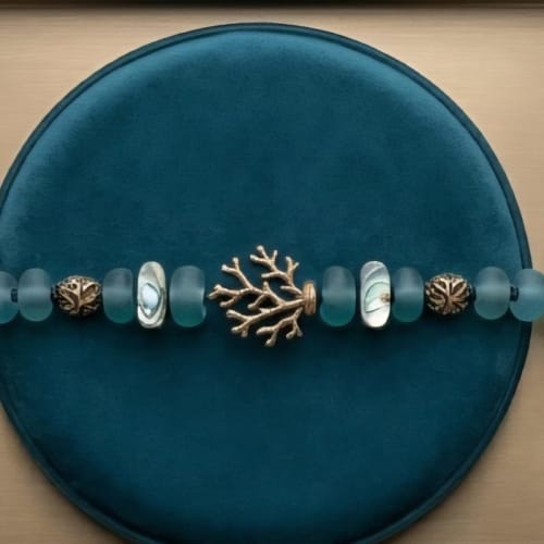 Frosted Sea Glass & Bronze Coral Branch Adjustable Cord Bracelet