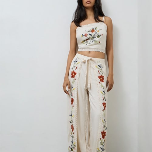 Cream Embroidered High-Rise Pants