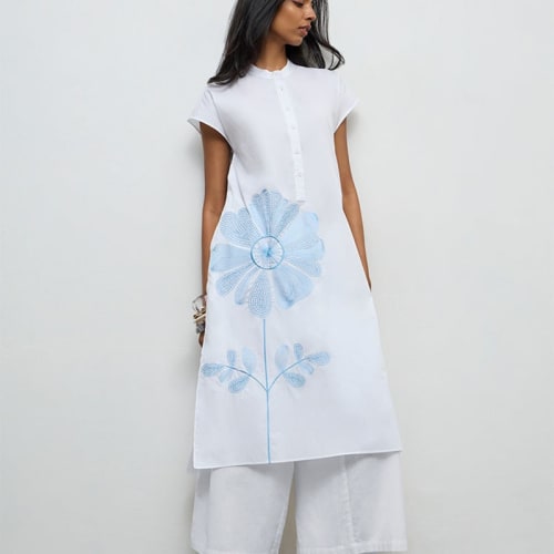White Floral Embroidered Cotton A-Line Kurta
