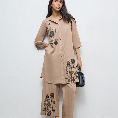 UTaupe Embroidered A-Line Cotton Kurta