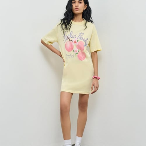 Yellow Graphic Printed Cotton T-Shirt Dress