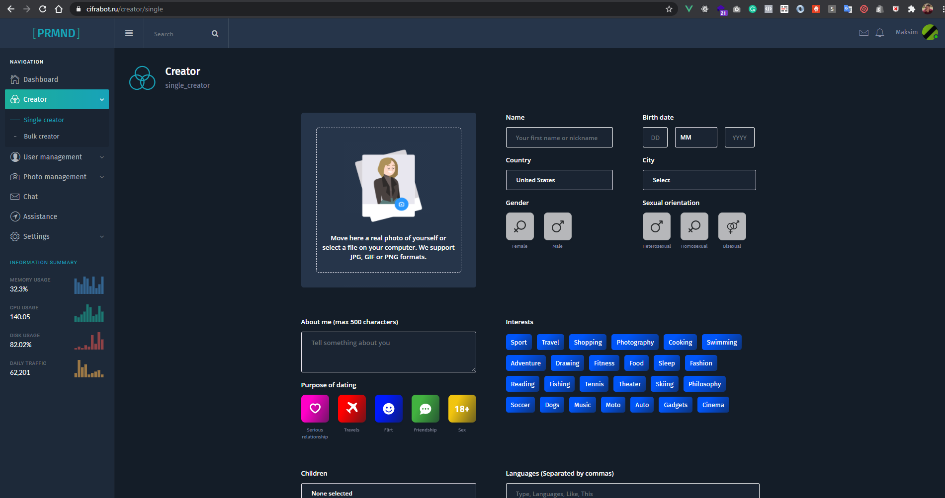 Dashboard | Create user page