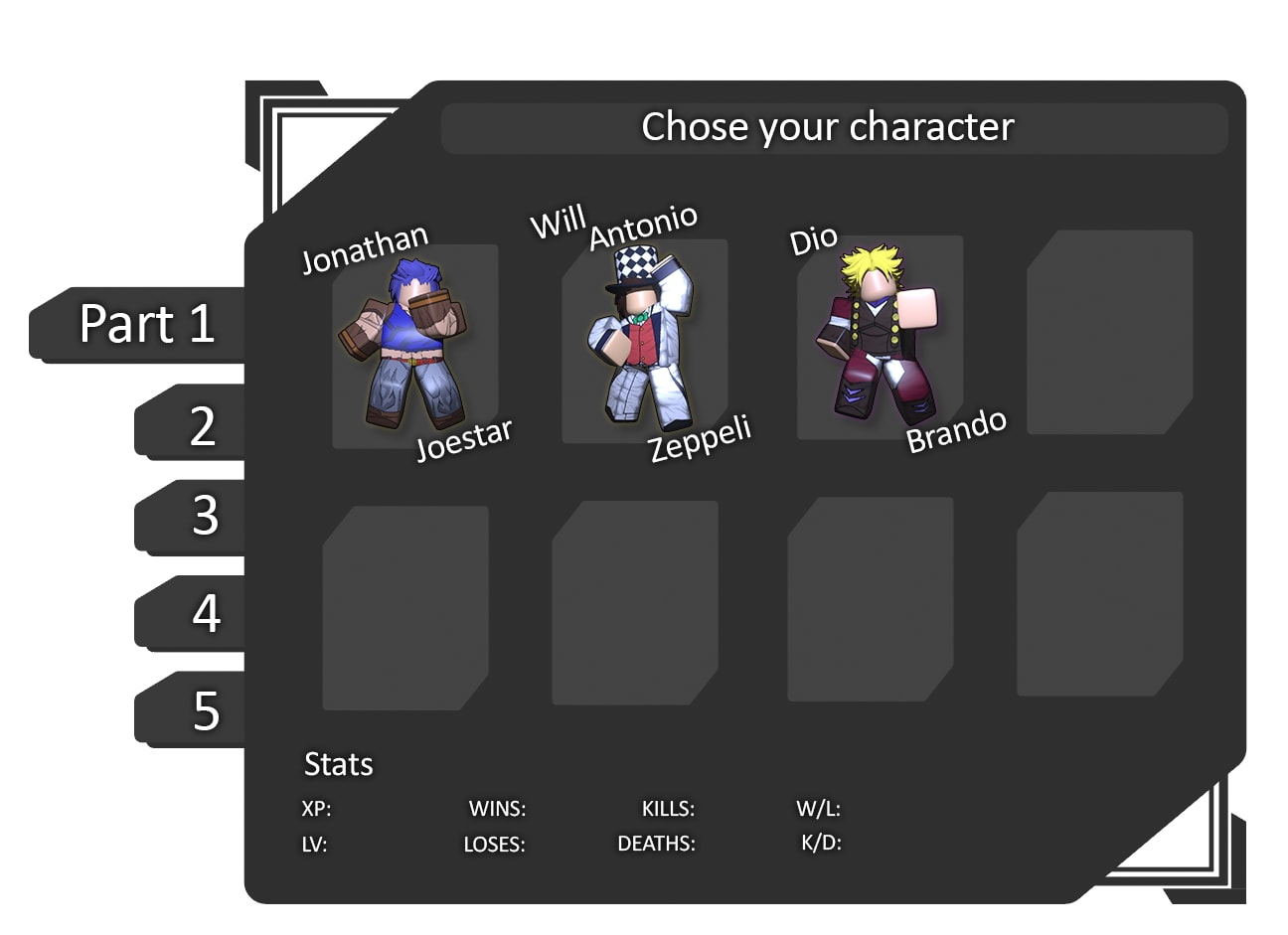 La schermata di selezione con i personaggi di JoJo dalle parti 1 a 5. I personaggi sono in una griglia con ritratto e nome, sotto c'è l'elenco delle statistiche del giocatore con quel personaggio e di lato la lista delle parti da cui sceglierli.