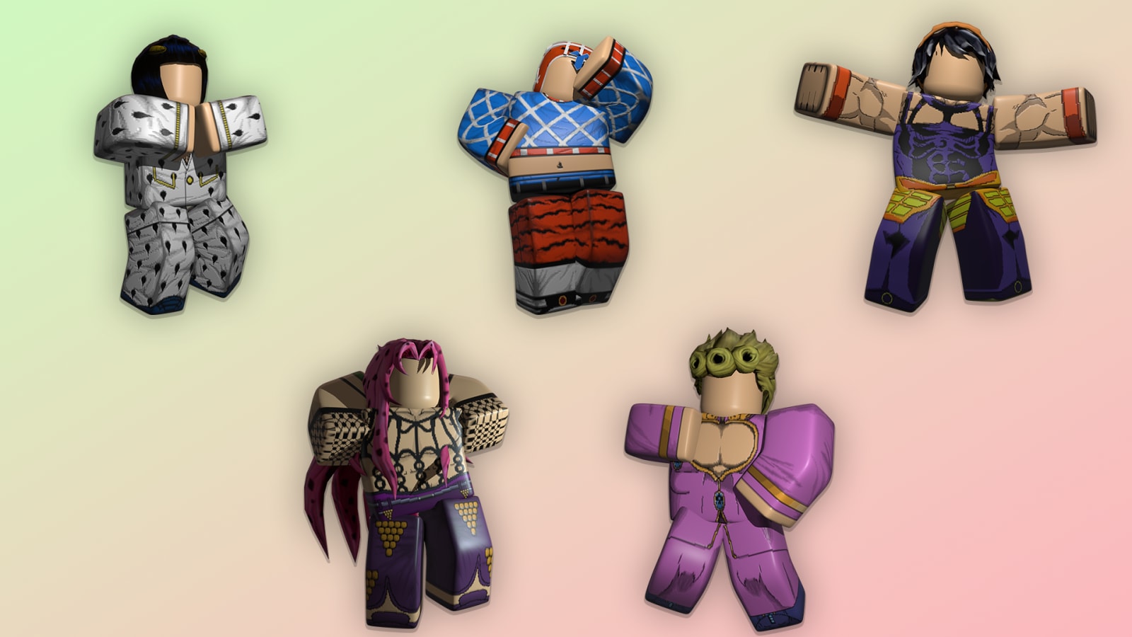 I ritratti dei personaggi della parte 5: Giorno, Bucciarati, Diavolo, Mista e Narancia