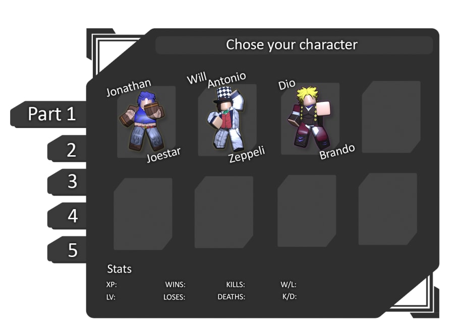 Character selection screen featuring JoJo characters from parts 1 to 5. The characters are displayed in a grid with their portrait and their name, below is a list of the players stats with that character. On the side is a list of the parts to choose characters from.