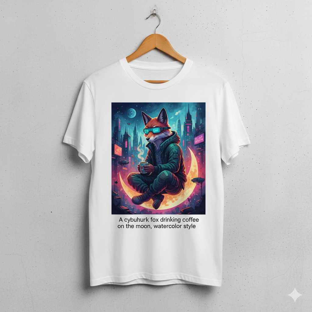 Example T-shirt design: Cyberpunk fox on moon