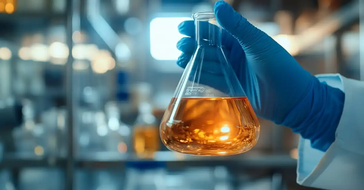 A professional holding a chemical sample in a laboratory setting.