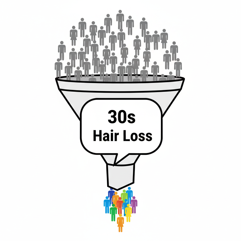 Illustration showing how specific language in ad creatives filters a broad audience into a targeted demographic