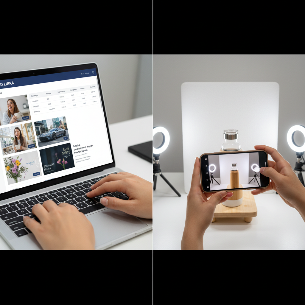 A split screen showing competitor ad research on a laptop and UGC video creation with a smartphone.