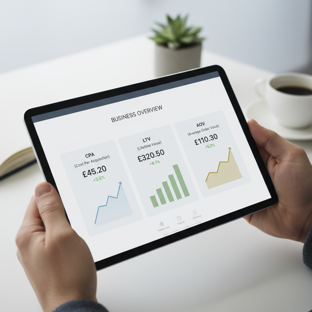 Dashboard showing key e-commerce growth metrics: CPA, LTV, and AOV.