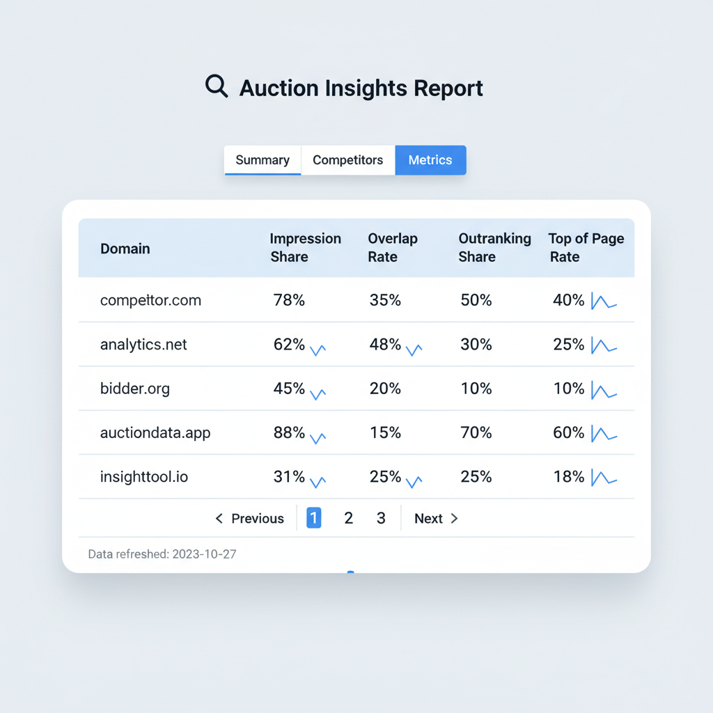 A graphic showing a sample Google Ads Auction Insights report.