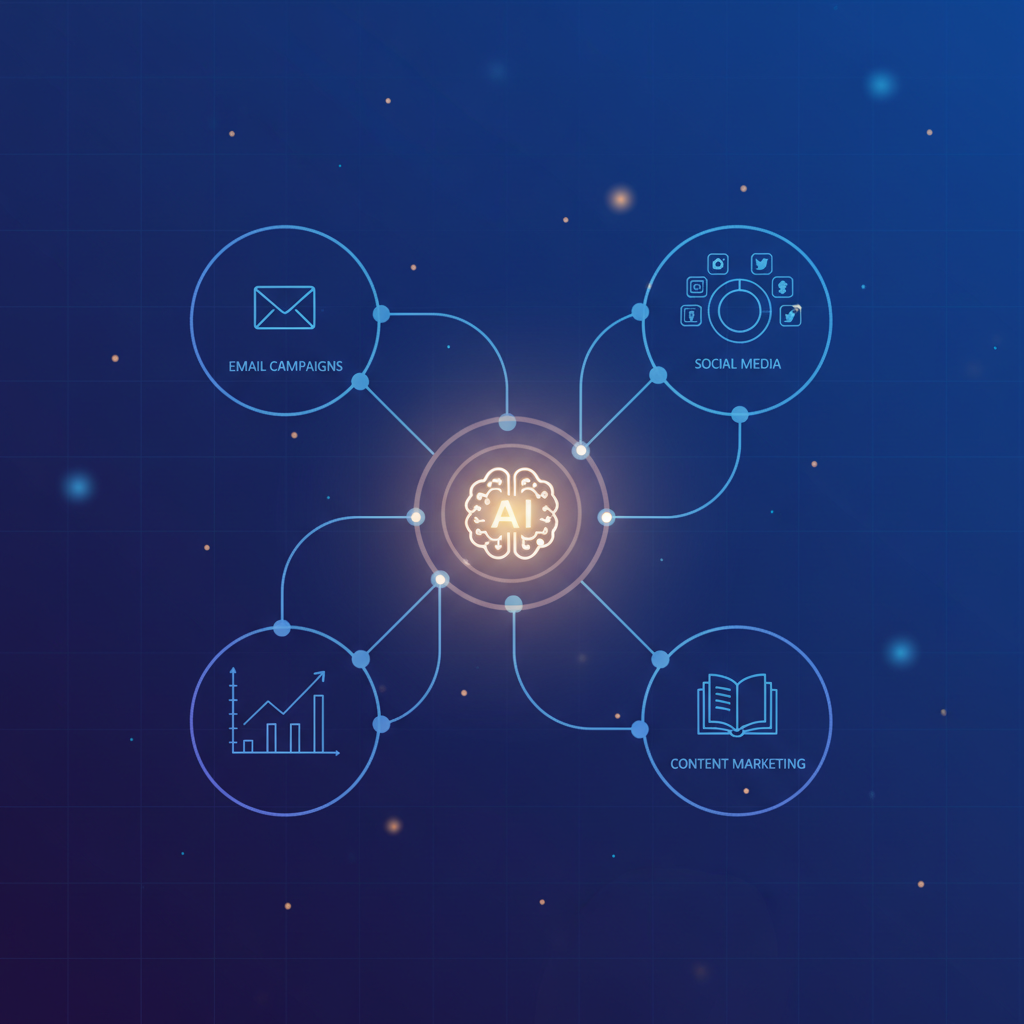 An abstract illustration of an AI marketing assistant orchestrating various marketing channels.