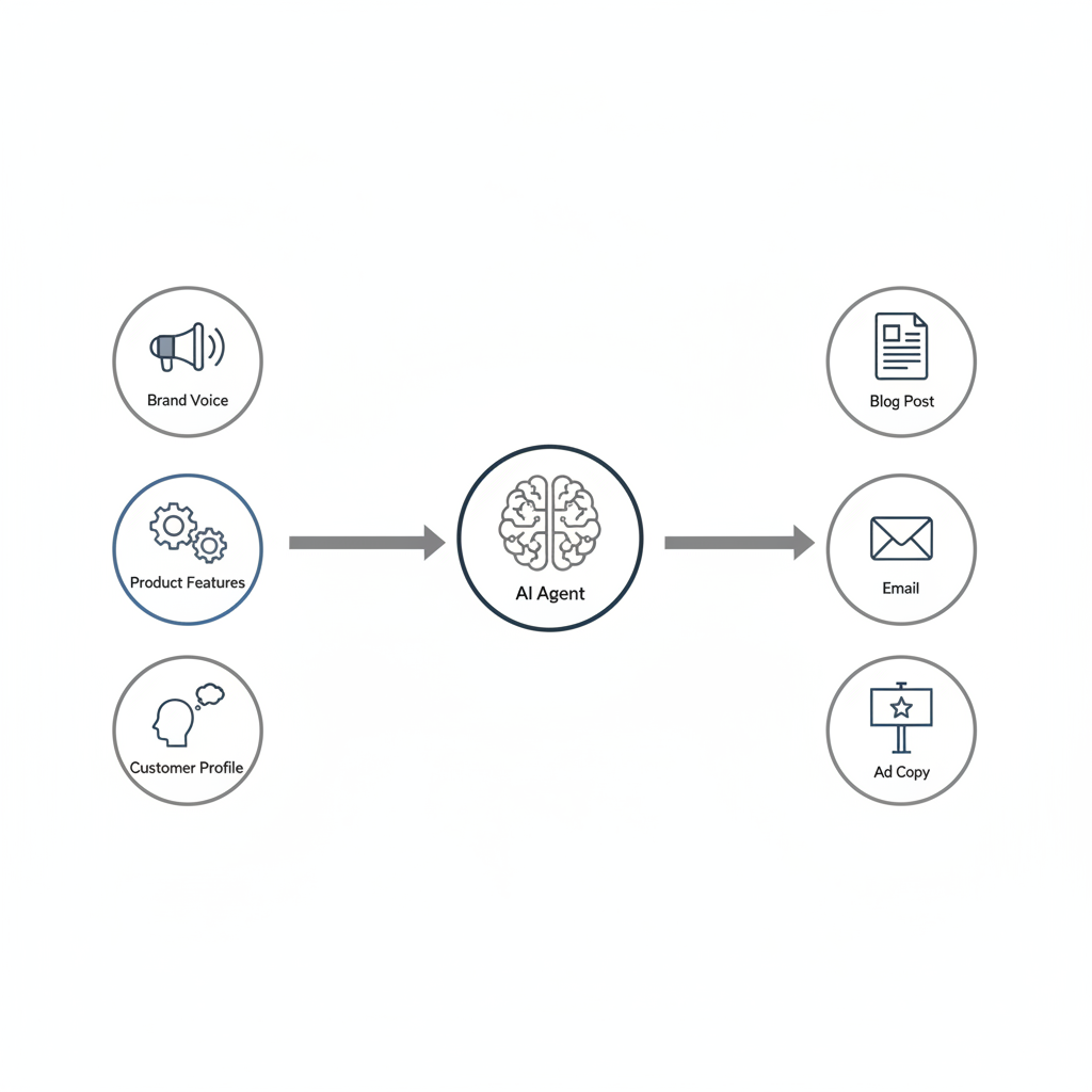 A diagram showing how brand, product, and customer context files feed into an AI agent to produce marketing content.