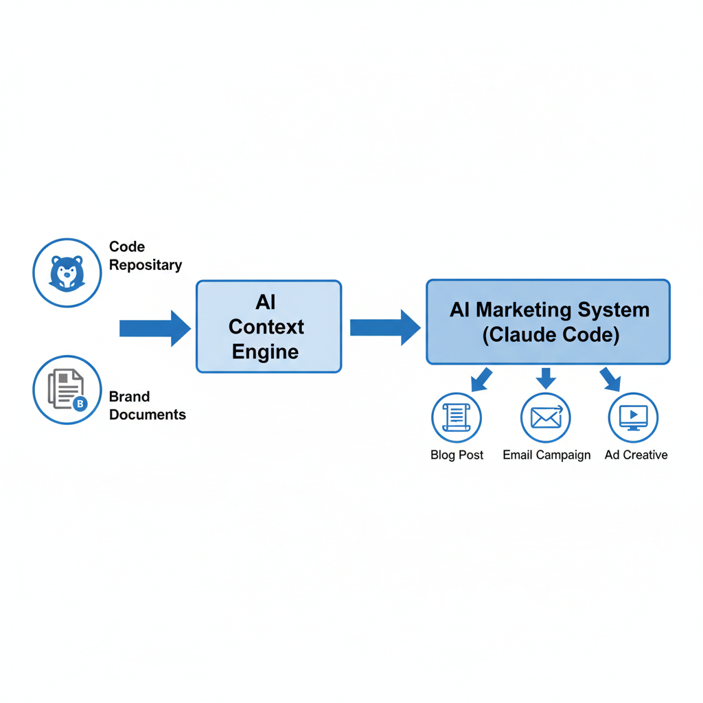 A flowchart illustrating how code repositories and documents provide context to an AI system to generate marketing materials.