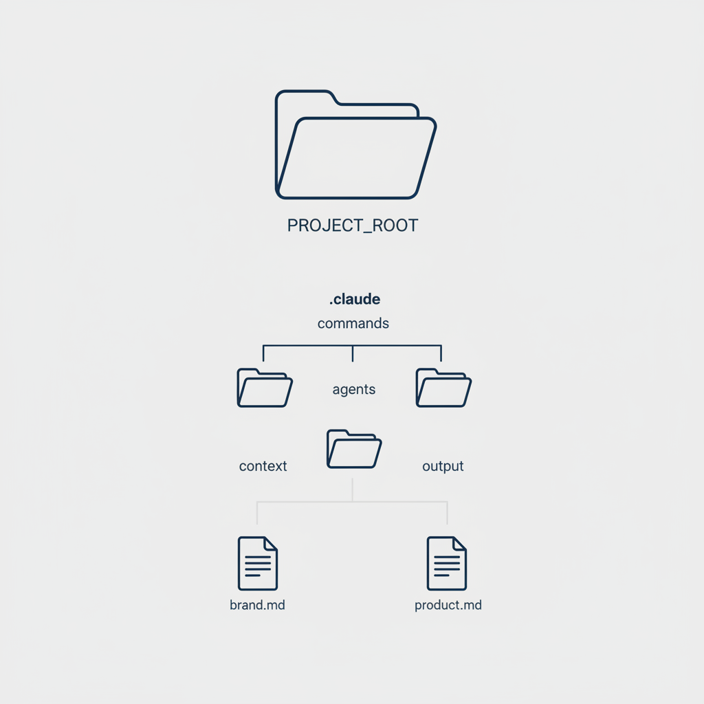 An illustration of a project's directory structure, showing folders for commands, agents, and context.