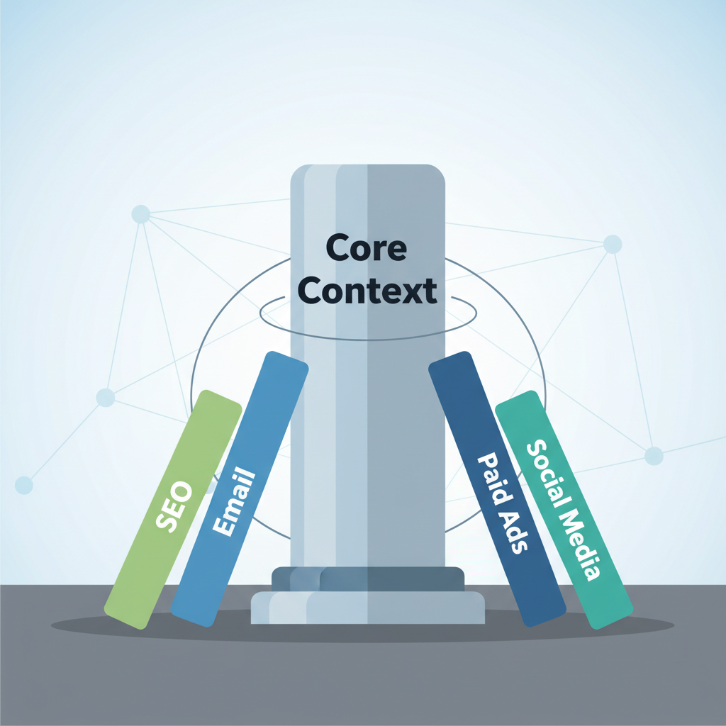 A graphic showing marketing pillars like SEO and Email being supported by a central pillar of core context.