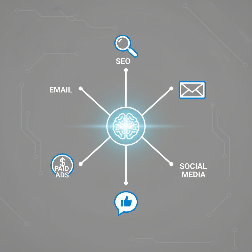 An abstract diagram showing a central AI core connecting to various marketing channel icons.