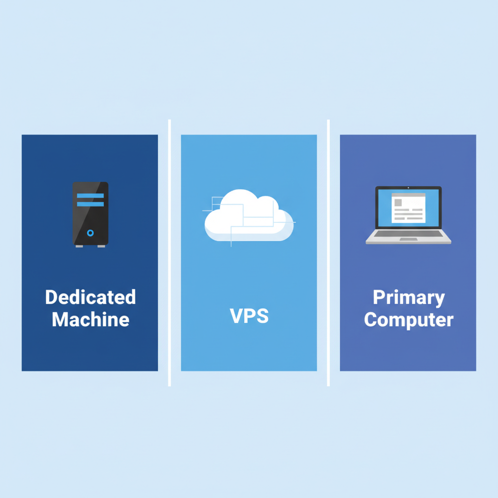 Illustration of the three main hosting options for a personal AI agent: dedicated machine, VPS, and laptop.
