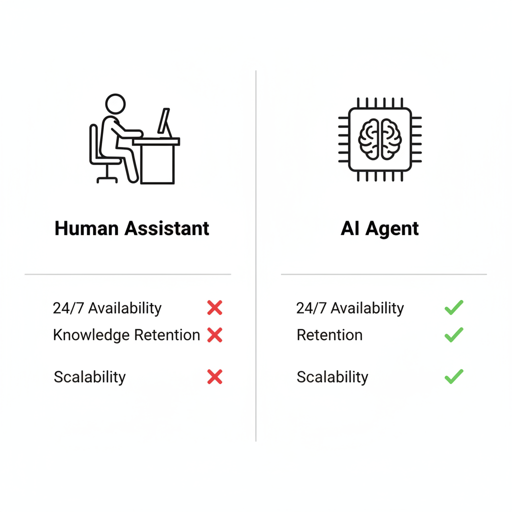 A visual comparison between an AI agent and a human assistant on key attributes like availability and cost.