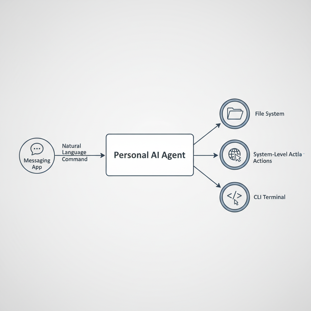 A diagram showing how an AI agent takes a command from a messaging app and executes it on a computer system.