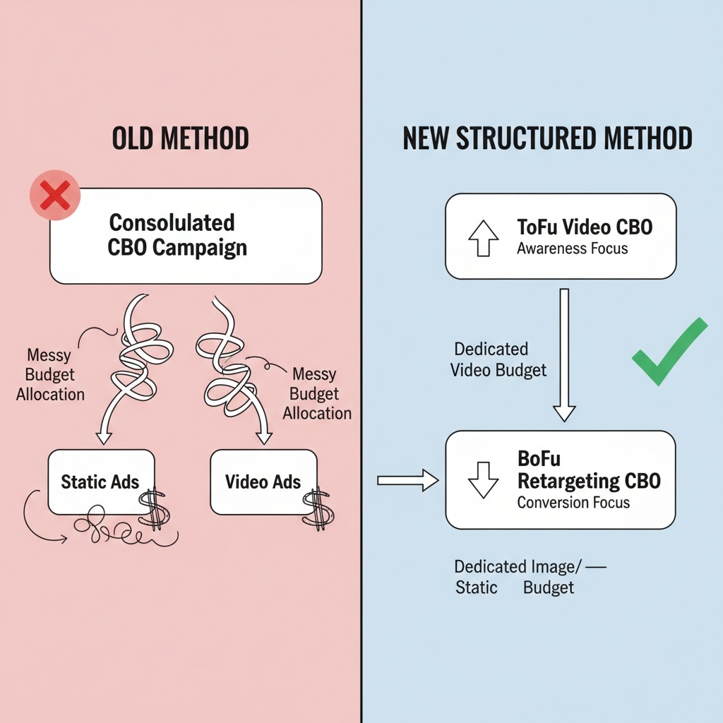 Diagram comparing a consolidated ad campaign structure to a segmented structure for better budget control.