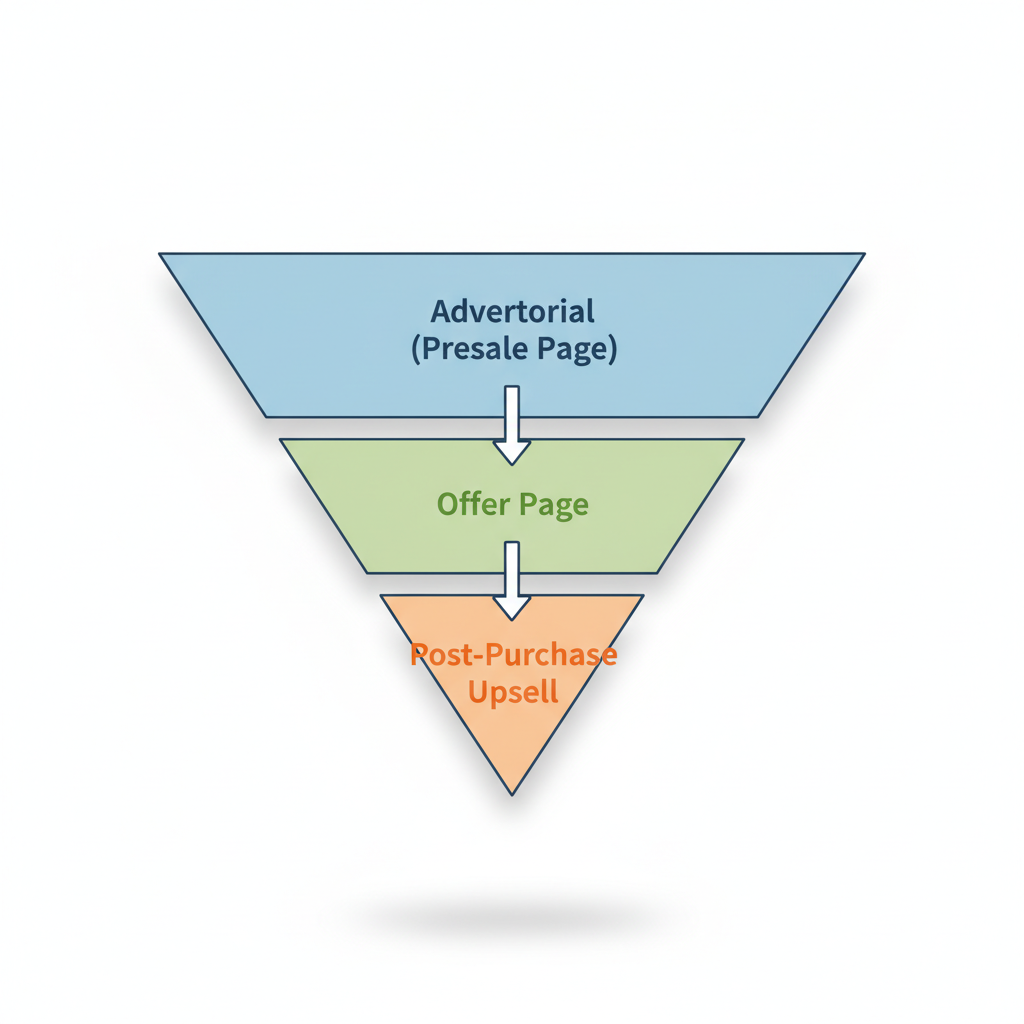 A diagram of a direct response funnel, from advertorial to offer page to upsell.