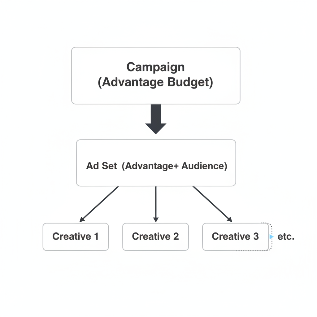 A diagram showing the recommended Facebook Ads structure of one campaign, one ad set, and multiple creatives.