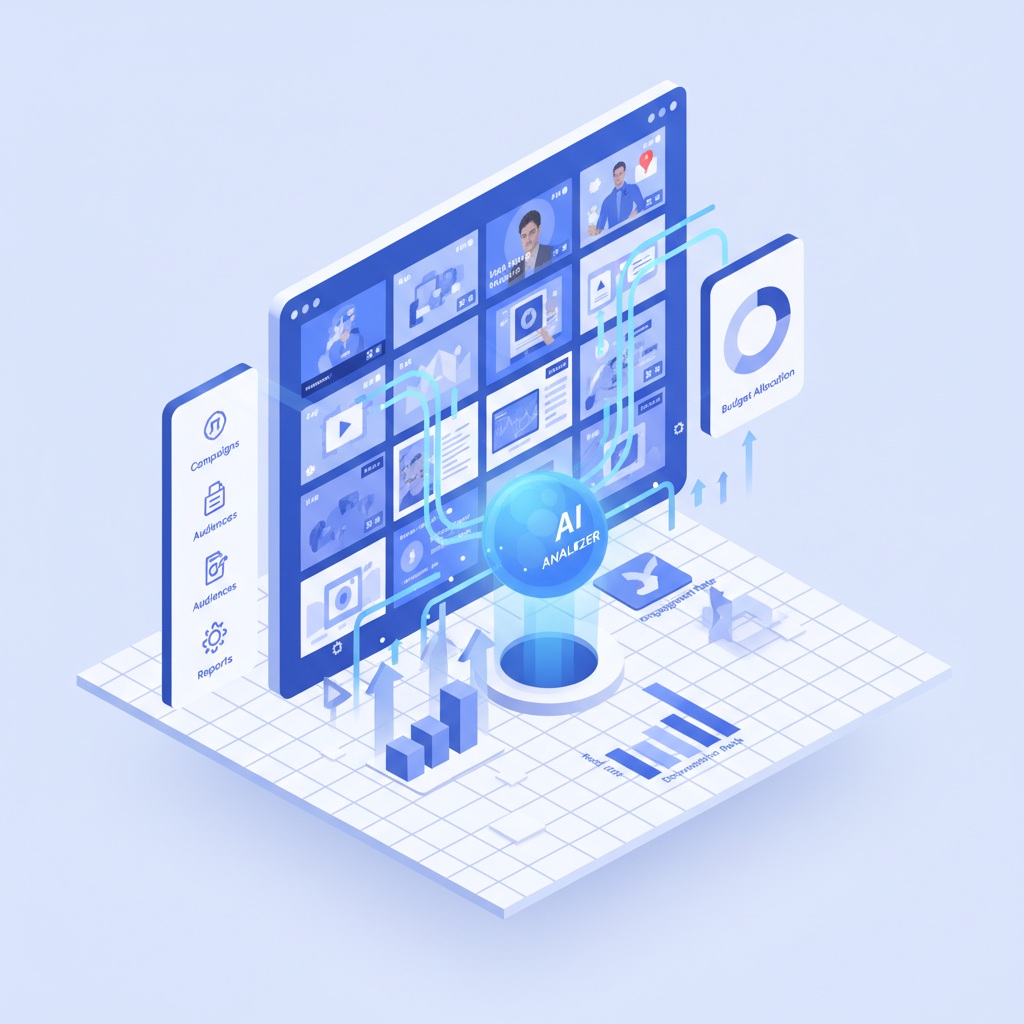 Digital dashboard displaying multiple ad creative variations for testing