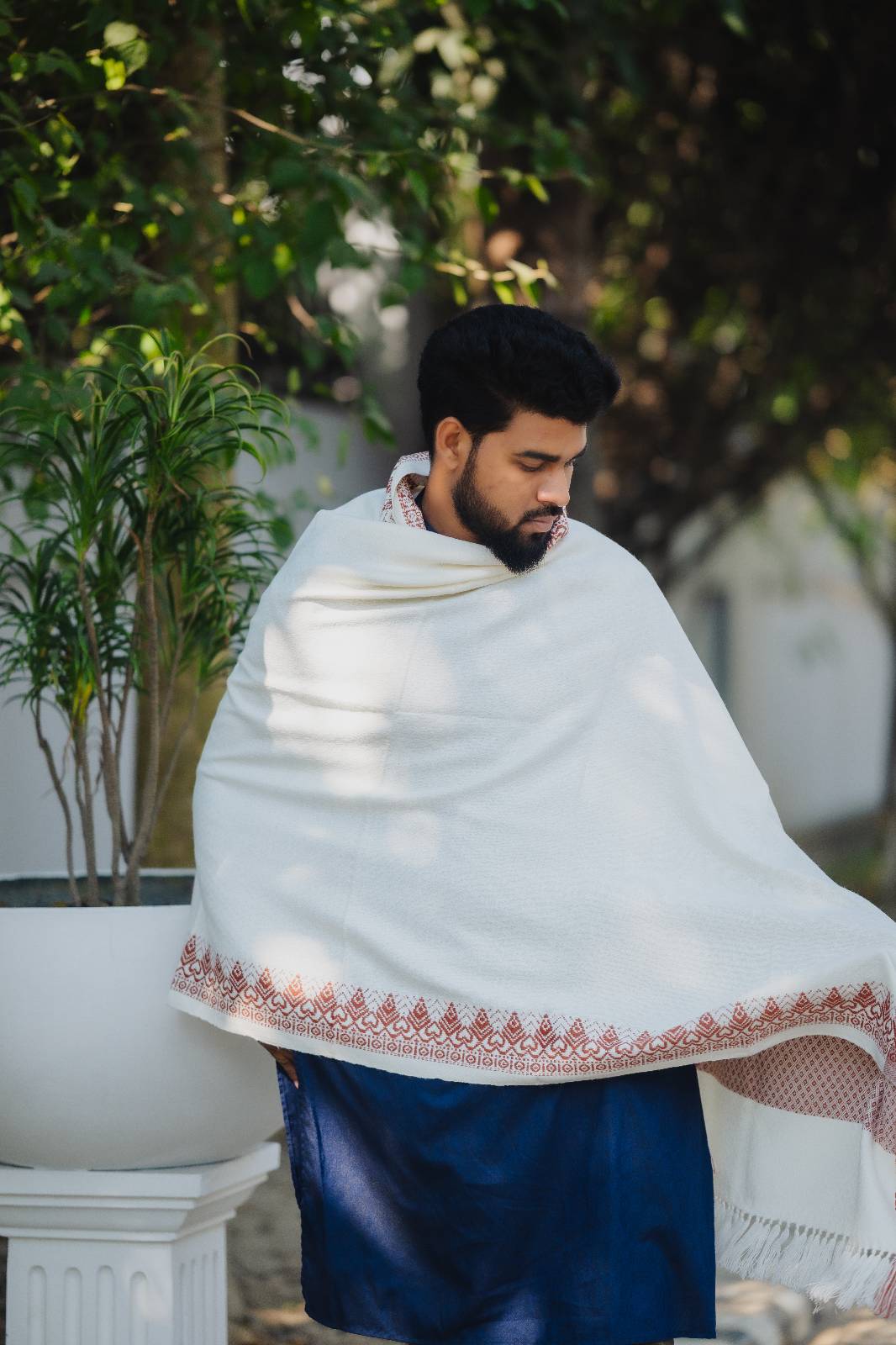 Premium White & Brown Tribal Wool Shawl