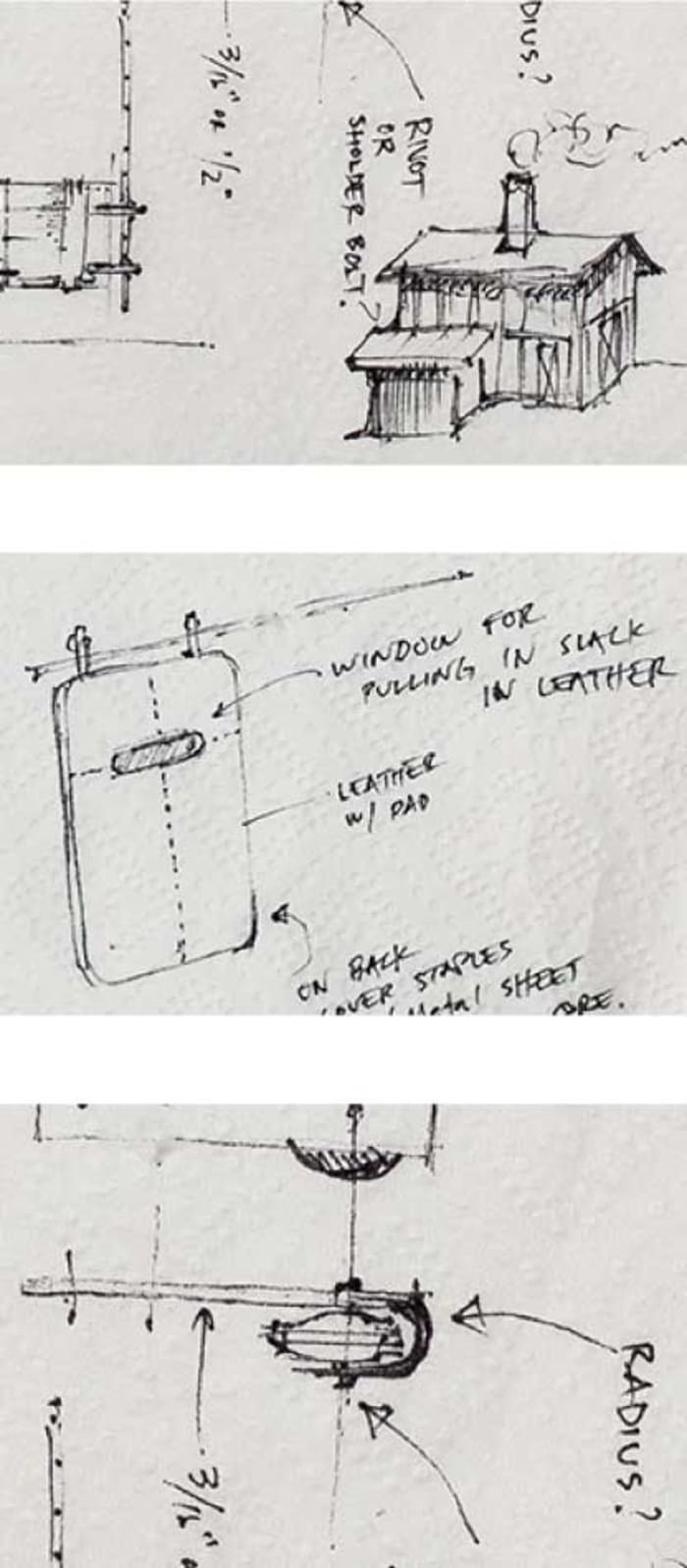 Three archived hand-drawn design studies with construction notes.
