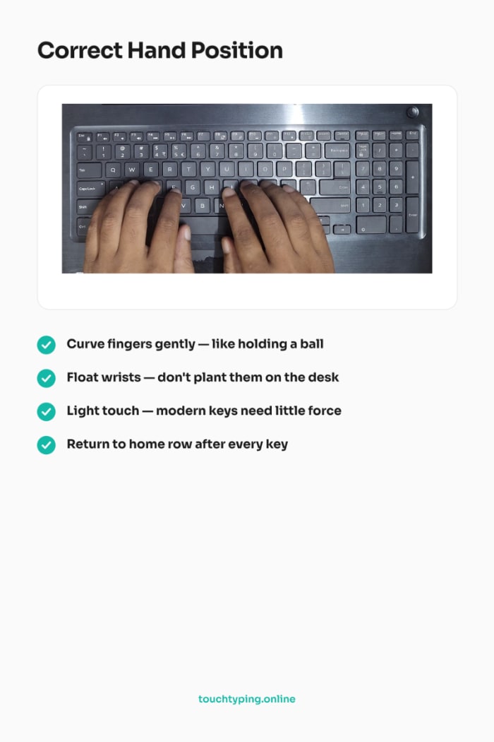 Touch typing hand position infographic — home row finger placement and ...