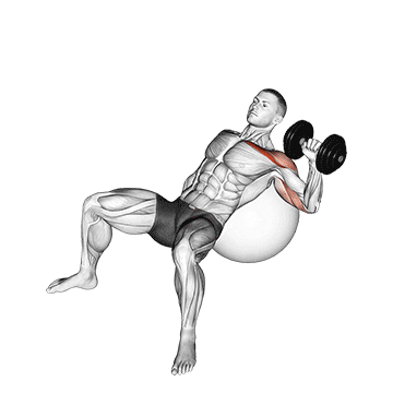 dumbbell incline one arm press on exercise ball demonstration