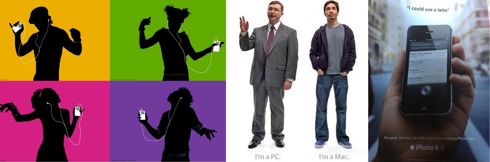 Iconic Apple advertising campaigns from left to right: the iPod "Silhouette" ads (2003), the "Get a Mac" television spots (2006), and the iPhone 4S "Siri" print campaign (2011)