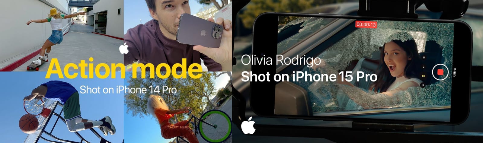 Recent Apple Marketing campaigns: the "Action mode" on iPhone 14 Pro (2022) and the Olivia Rodrigo "get him back!" music video campaign shot on iPhone 15 Pro (2023