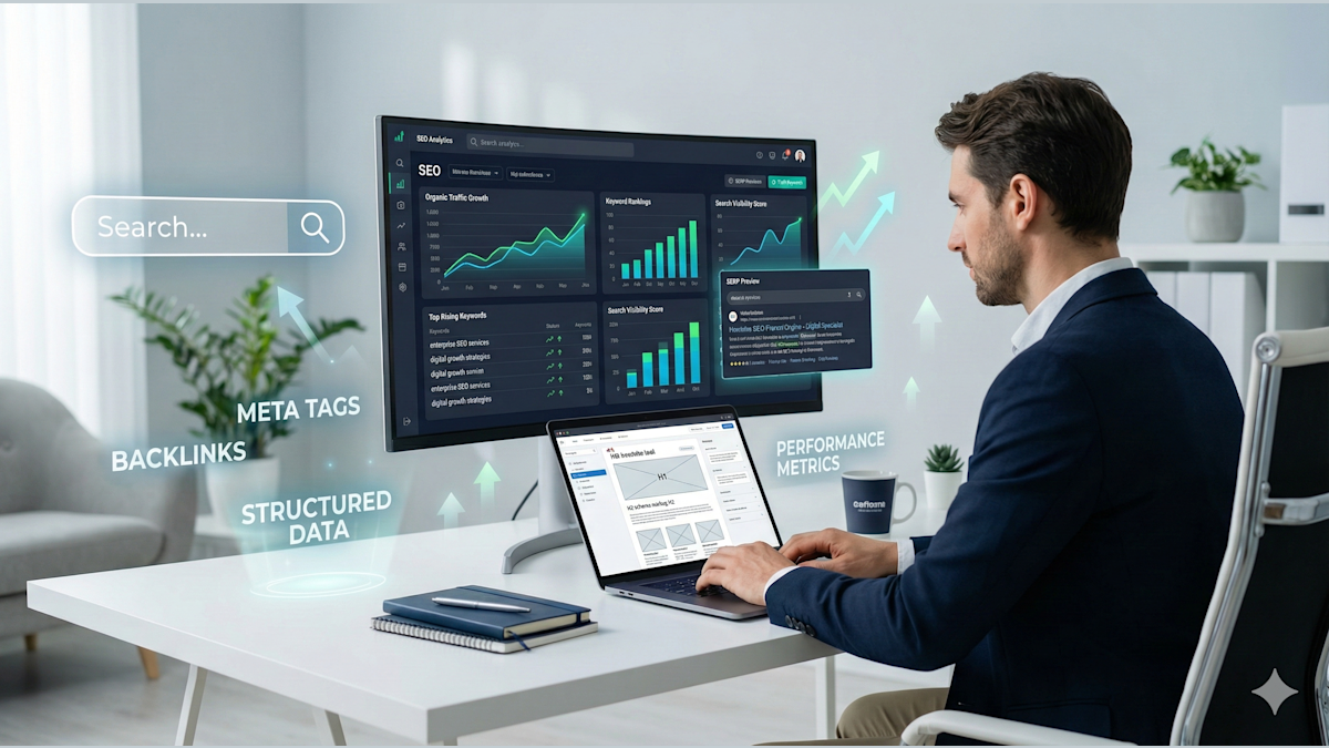 SEO optimization graphic with charts and keywords