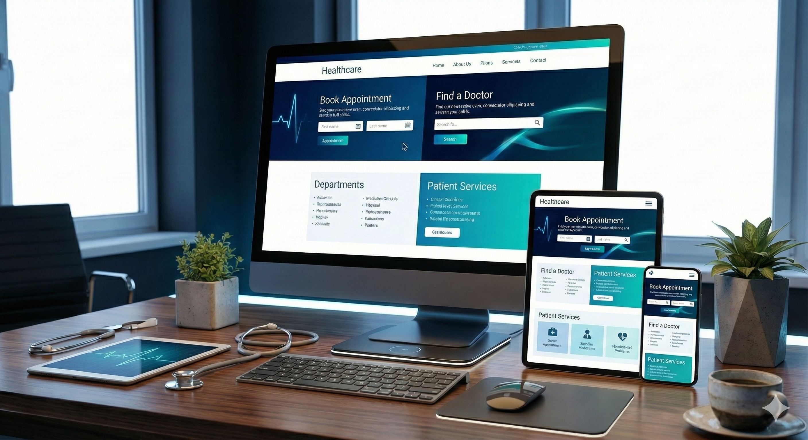 A doctor using a tablet in a modern clinic