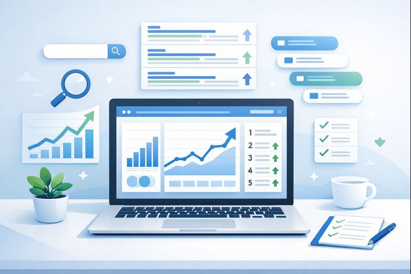 A magnifying glass over a computer screen showing search results