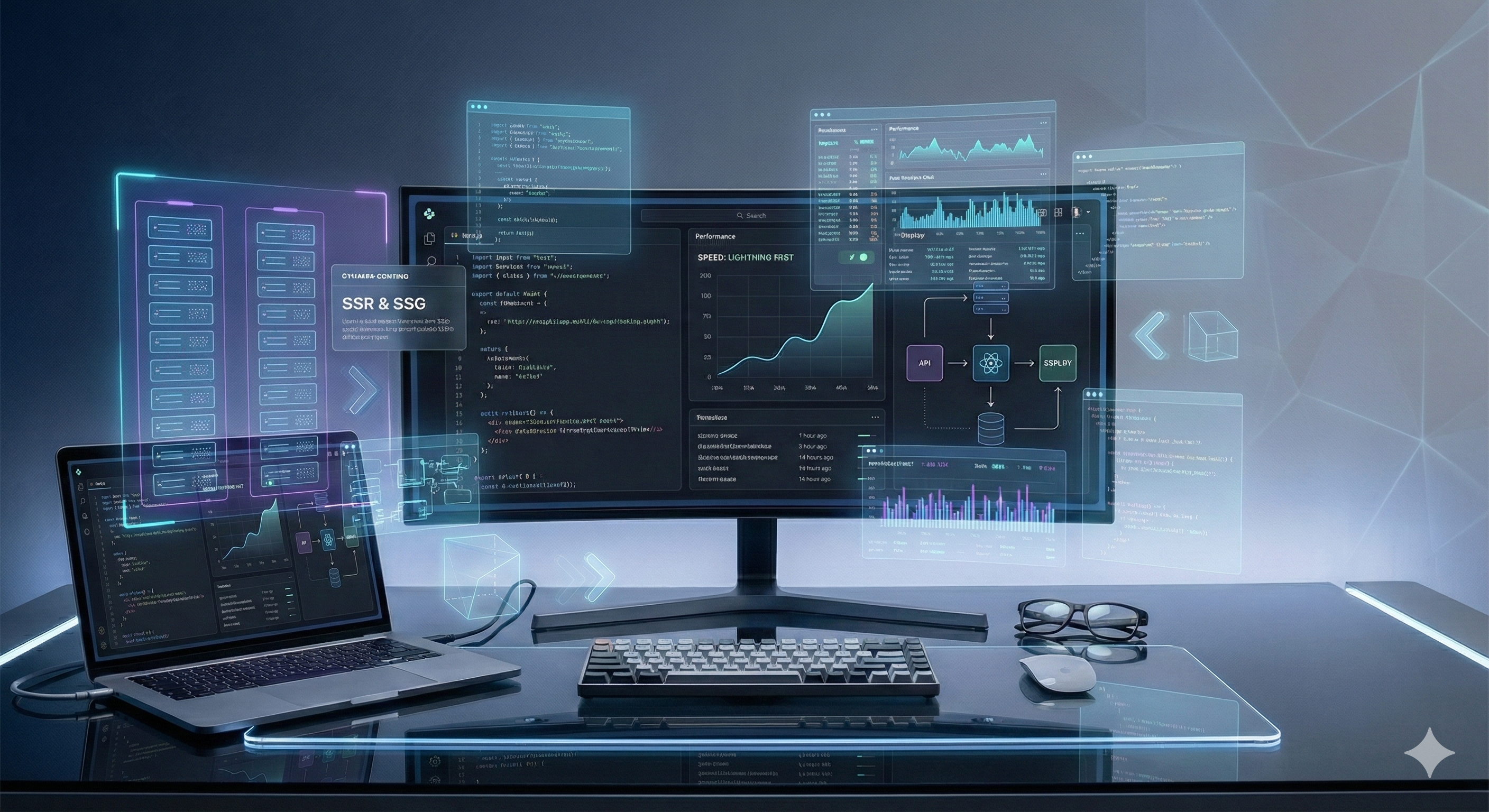 The Next.js logo with code in the background