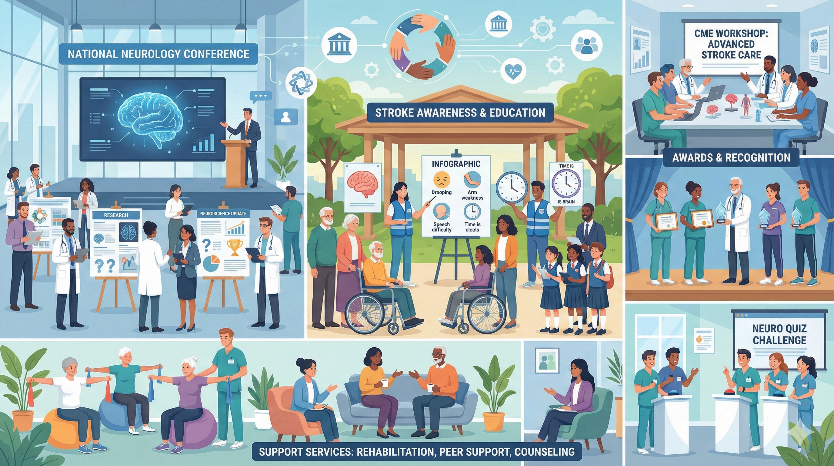 A collage of the society's activities, including conferences and community events.