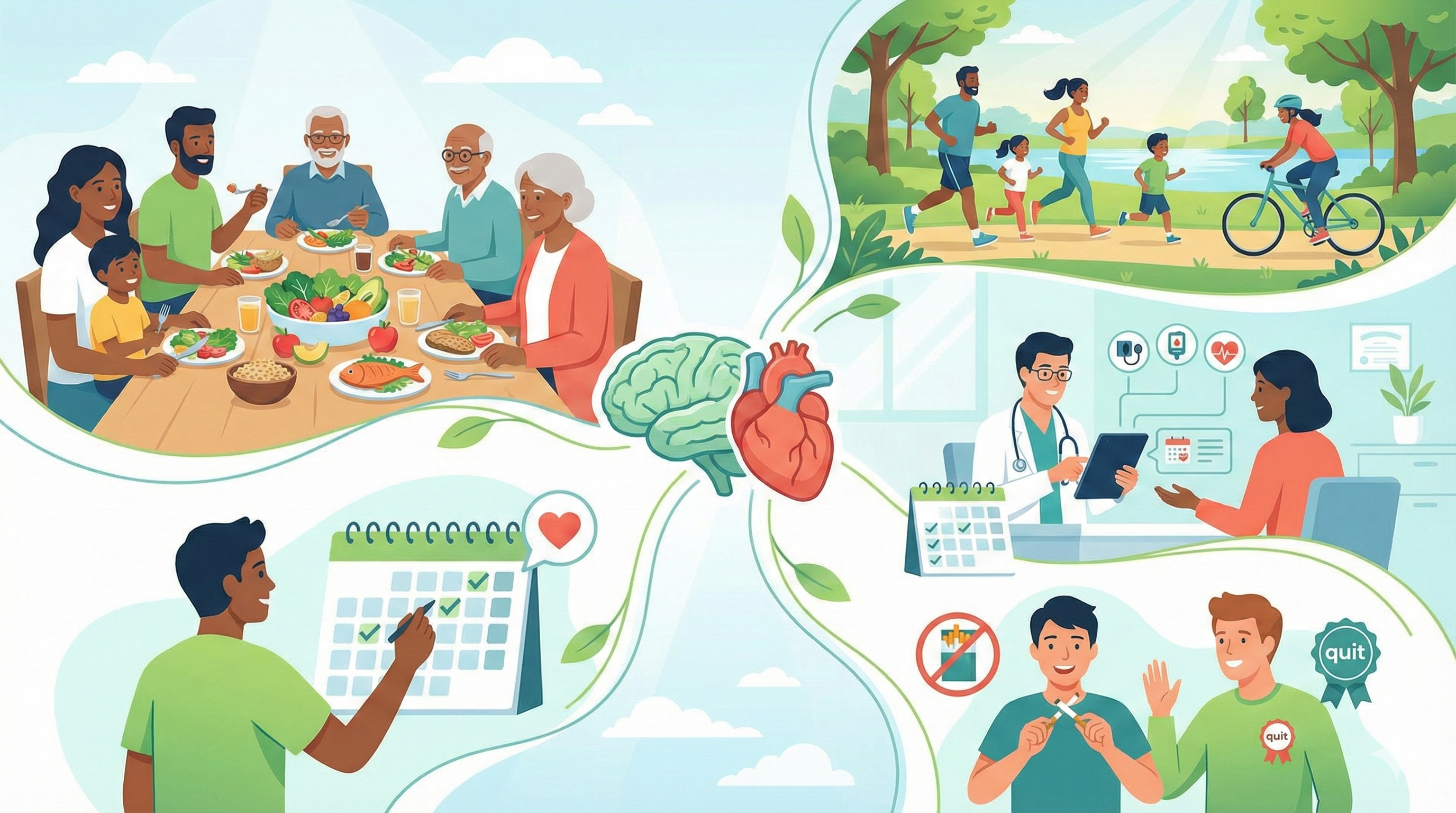 Infographic showing stroke prevention strategies like healthy diet, exercise, and not smoking.