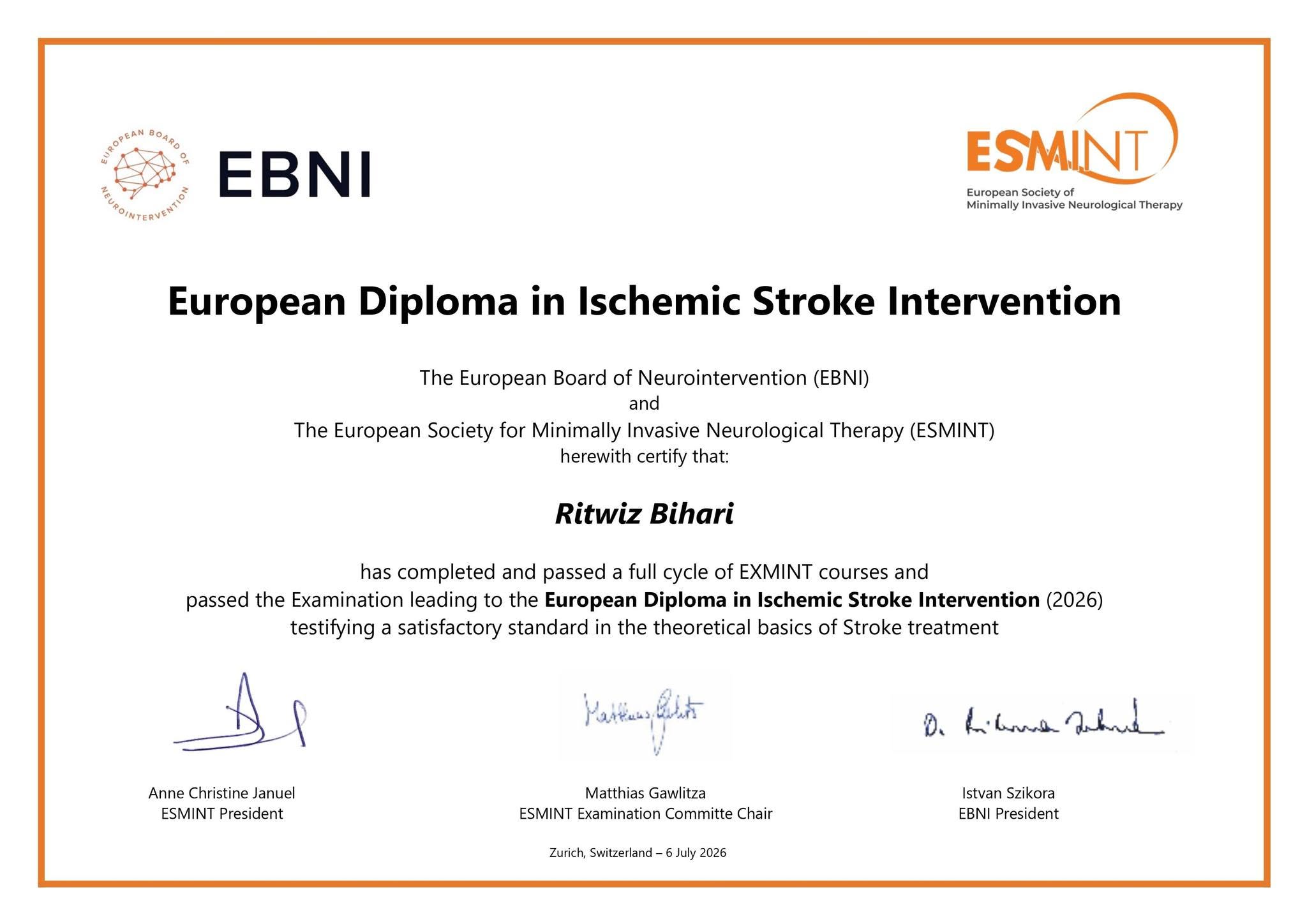 European Diploma in Ischemic Stroke Intervention (2026) by EBNI and ESMINT