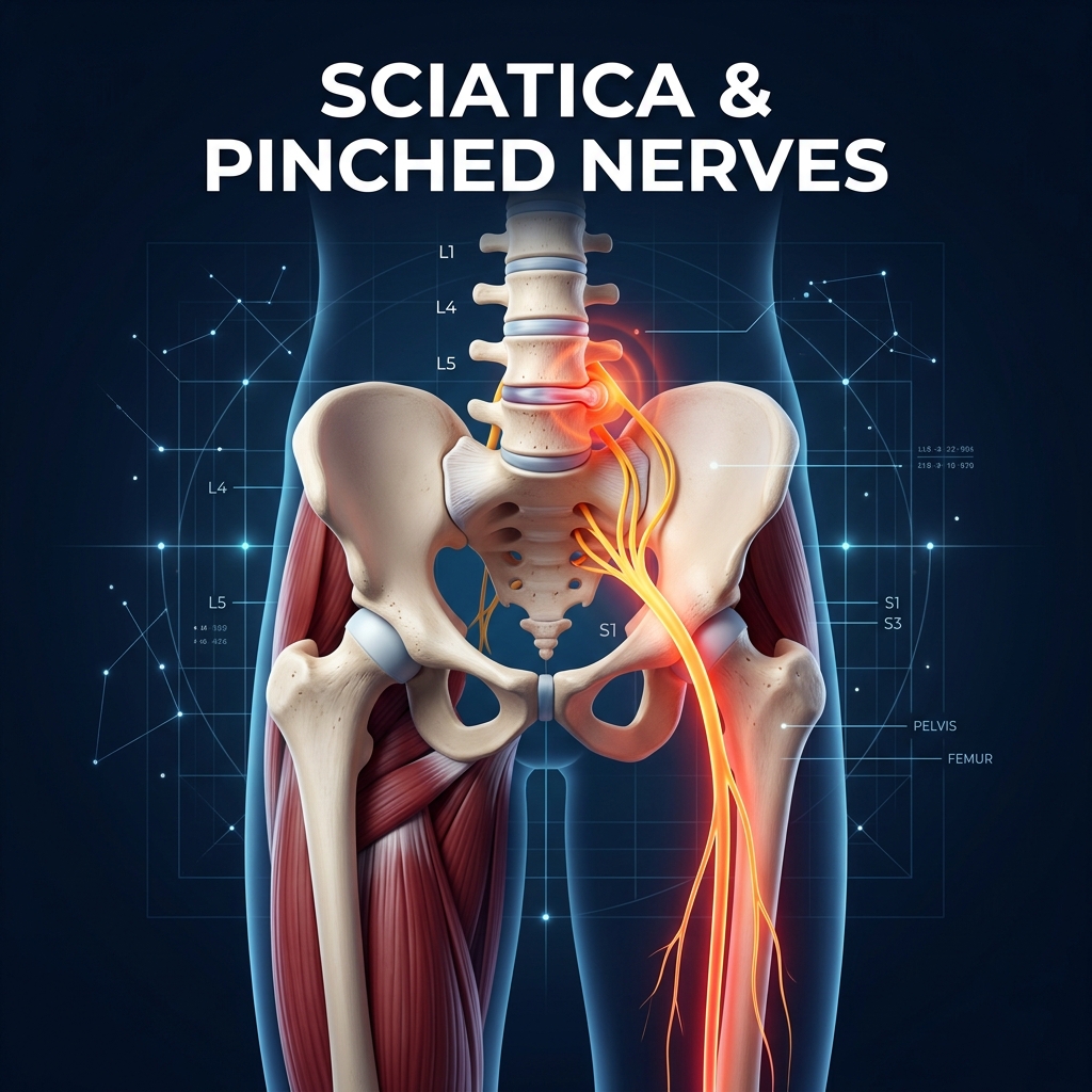 Sciatica and pinched nerve pain radiating down the leg