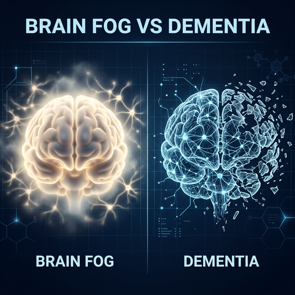 A visual comparison of temporary brain fog versus the structural changes of dementia